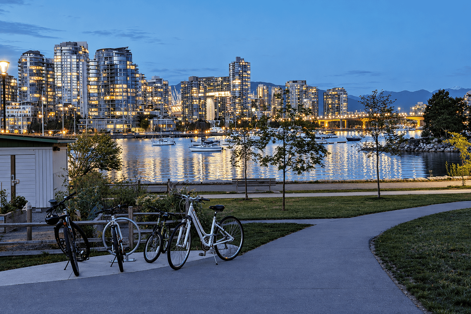 Twilight Harbor Skyline and Bicycles (1)